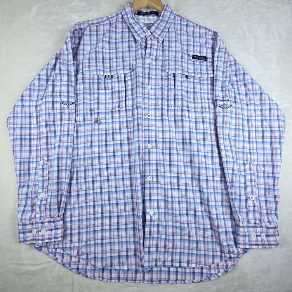 Columbia PFG Super Bahama Shirt Mens Large Blue Pink Plaid LS Fishing Nautical